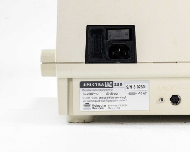 SpectraMax 250 rear panel close-up showing IEC power inlet, serial number label, 90-250V 50-60Hz 4.0AT rating, and Molecular Devices manufacturer label