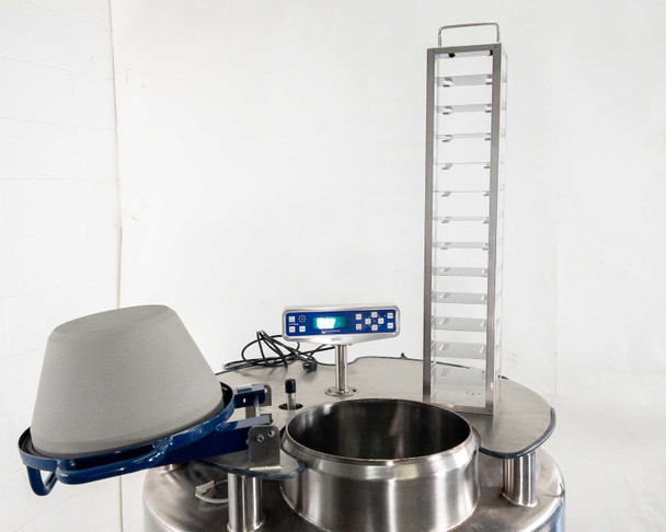 Worthington LABS20K-CS with lid open showing interior access port and a single full-height stainless steel storage rack placed beside the unit