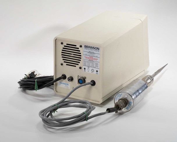 Branson Sonifier 450 right-side three-quarter rear view – full unit without probe, showing rear panel and power/RF cords