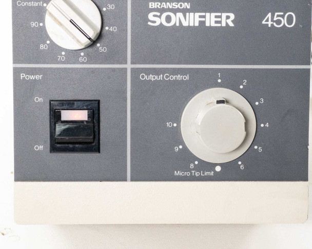 Branson Sonifier 450 front panel lower section – Power on/off rocker switch and Output Control dial (1–10 with Micro Tip Limit)
