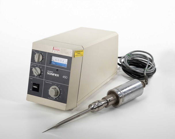 Branson Sonifier 450 analog ultrasonic cell disruptor – right-side three-quarter view with converter probe and cord