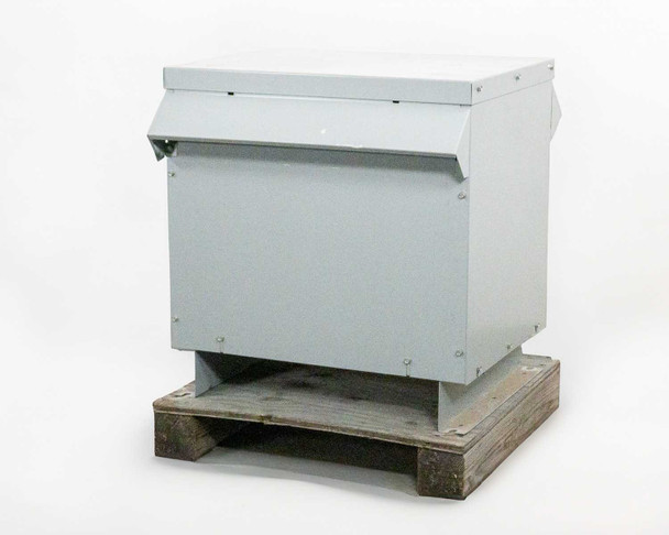 Acme Electric T3045K0034B 45 KVA transformer, left-side view in NEMA 3R weathershield enclosure on wooden pallet