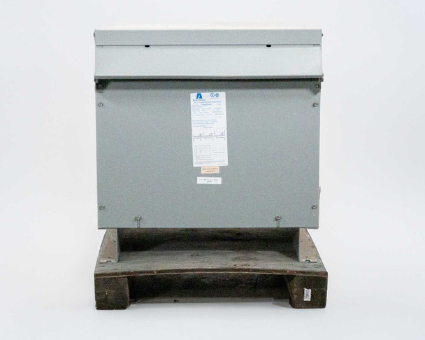 Acme Electric T3045K0034B 45 KVA step-up transformer, front face with nameplate label visible, on wooden pallet