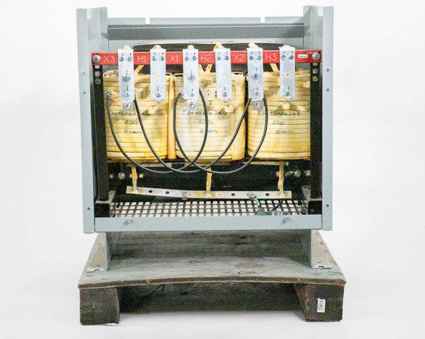 Acme Electric T3045K0034B transformer interior view with enclosure panel removed showing three-phase winding coils and H1 H2 H3 X1 X2 X3 tap terminals