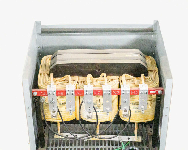 Close-up of T3045K0034B transformer tap terminal block showing X3 H1 X1 H2 X2 H3 labeled red bus bars and lead wires