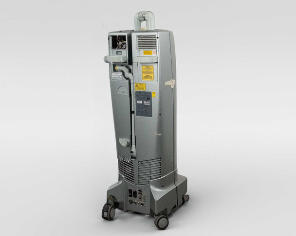 Lumenis AcuPulse 40 AES-A rear three-quarter view with front cover removed, exposing internal chassis, internal components, laser hazard labels, and caster base