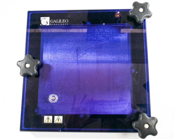 Galileo Bioscience Insight 91-2020-SD Semi-Dry Blotting System – top view showing blue acrylic upper electrode plate with four knurled thumb screws and Galileo Bioscience logo
