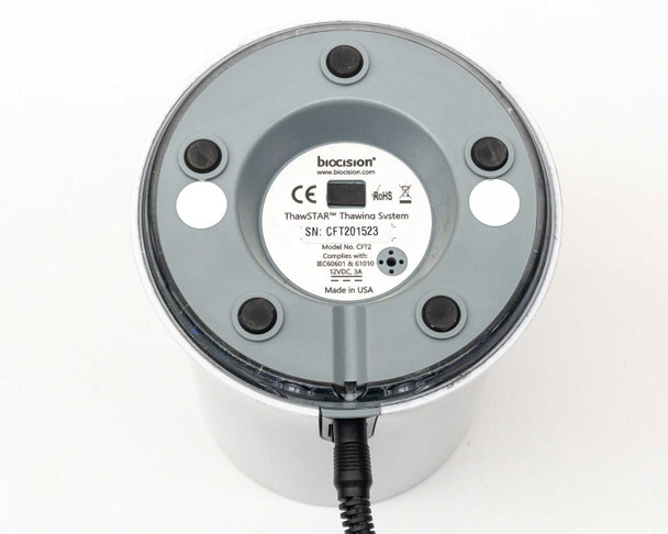 Biocision ThawSTAR CFT2 – bottom label showing model CFT2, serial number CFT201523, 12VDC 3A rating, CE and RoHS marks, Made in USA, IEC60601 and E1710 compliance