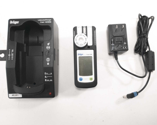 Drager X-am 5100 gas detector with X-am 1/2/5000 charging stand and Drager power supply adapter — full kit view