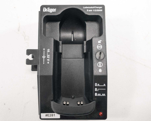 Drager X-am 1/2/5000 charging stand front view empty, showing 10–32V DC input label and status indicator LEDs