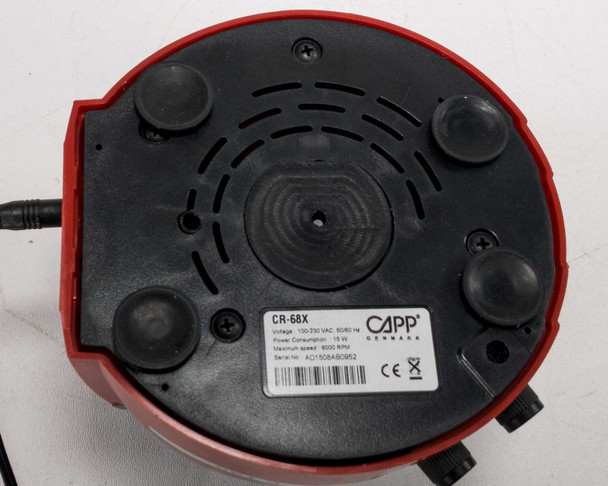 CAPP Rondo CR-68X bottom panel showing model label: CR-68X, 100-230V AC 50/60Hz, 15W, 6000 RPM max speed, serial number, and CE marking
