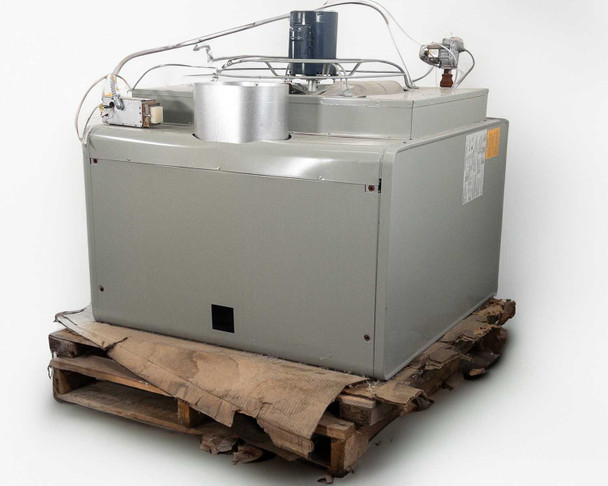 Modine PD400AA0181 propane unit heater – front face view on pallet showing full cabinet, flue stack, and top-mounted fan motor assembly