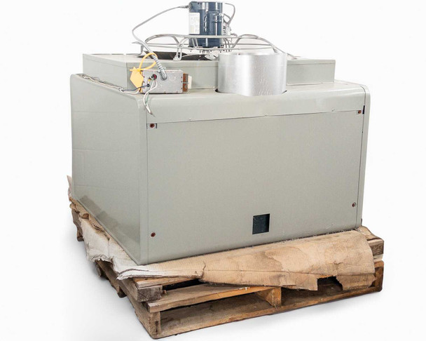 Modine PD400AA0181 propane unit heater – right-side three-quarter view on pallet showing fan motor, flue, gas valve piping, and control box