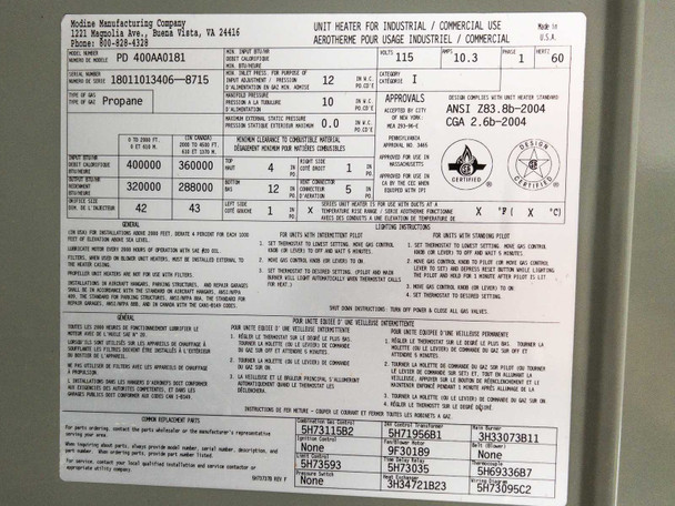 Modine PD400AA0181 unit heater – close-up of data plate showing model PD400AA0181, 400,000 BTU input, 320,000 BTU output, 115V 10.3A single phase 60Hz, clearances, and approvals including CSA and Design Certified