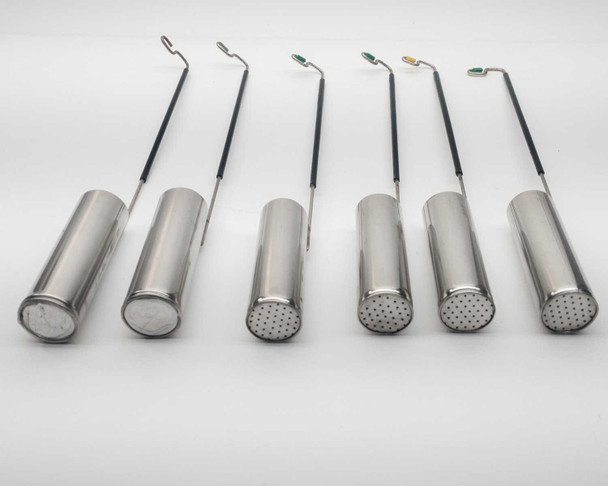 All 6 dipping canisters laid out — 4 with perforated drain-hole ends and 2 with solid ends, with color-coded ID tabs