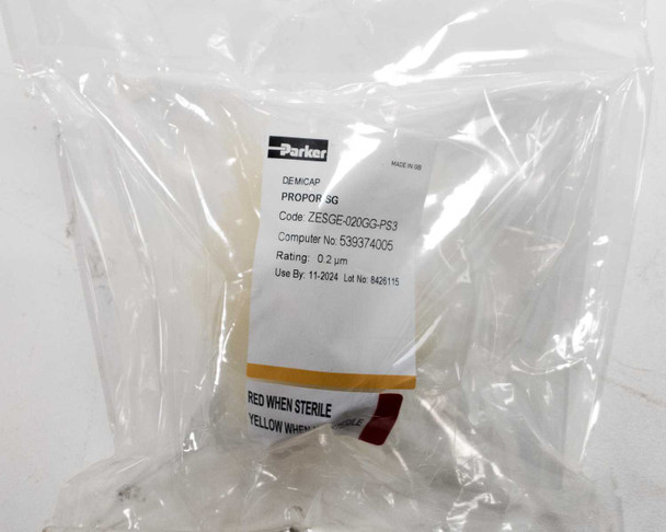 Parker Propor SG ZESGE-020GG-PS3 Demicap sterilizing filter in double-sealed sterile bag showing label with part code, computer number, 0.2µm rating, use-by date, and sterile color indicator strip