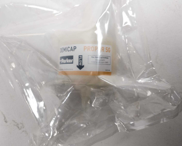 Parker Propor SG Demicap sterilizing filter capsule visible through inner sterile bag showing flow direction arrow and Parker branding