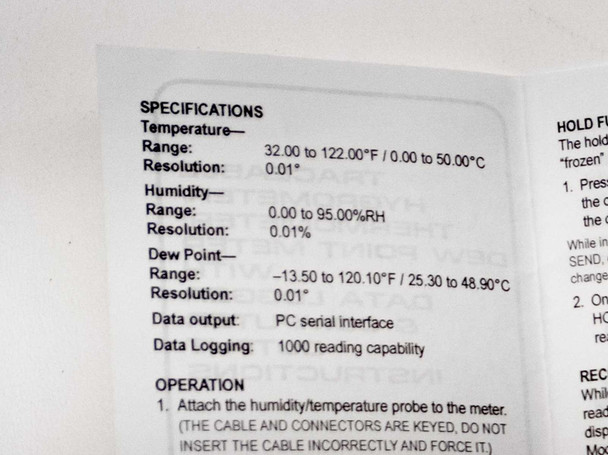 Fisherbrand Traceable S11120 specifications card showing temperature range 32–122°F, humidity range 0–95% RH, dew point range, and 1000-reading data logging capability