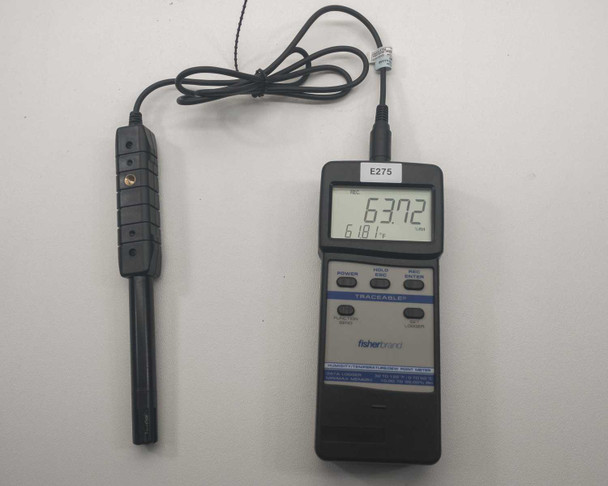 Fisherbrand Traceable S11120 hygrometer with humidity/temperature probe fully extended and connected, displaying live readings on dual LCD