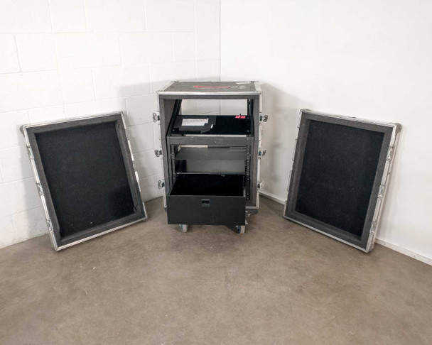 Kent Custom Cases 8U road case open showing 4-section breakdown – padded side panels removed, interior rack insert and pull-out drawer visible