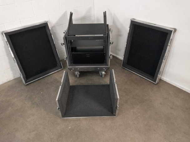Kent Custom Cases 8U ATA road case fully disassembled into 4 parts – two side lids, rack/drawer core section, and lower padded tray section laid out