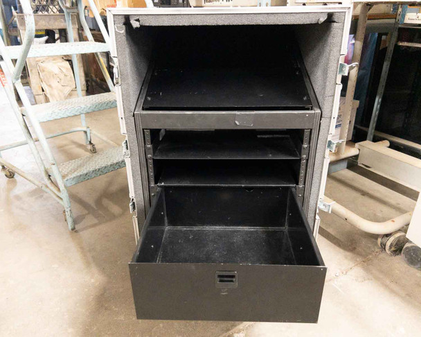 Kent Custom Cases 8U road case open with drawer extended, showing full interior: upper padded shelf area, rack rails, and drawer in use position