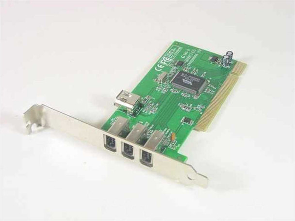 Encore ENL1394-PCI-VA FireWire IEEE-1394 PCI host adapter card — angled top view showing PCB, main controller chip, and bracket with three 6-pin FireWire ports