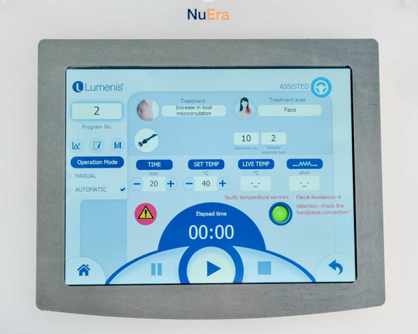 Lumenis NuEra Tight touchscreen showing assisted mode, face treatment program with temperature controls and faulty sensor warning