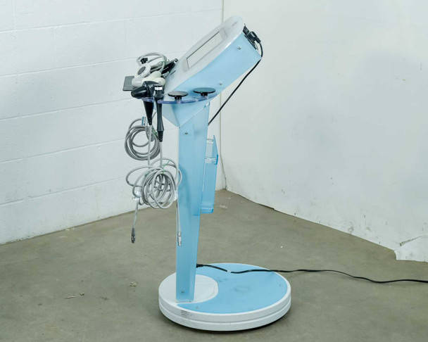 Lumenis NuEra Tight left side profile view showing tilt of display and handsets hanging on cart arm