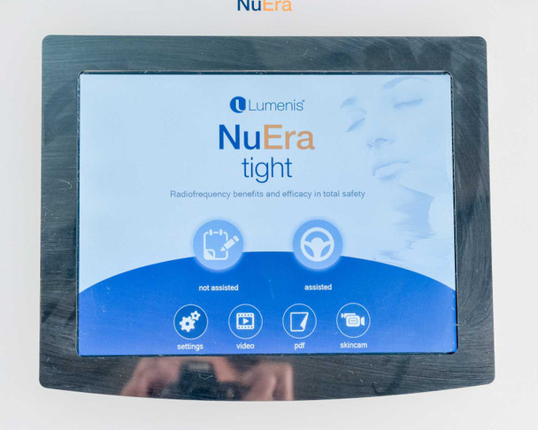 Lumenis NuEra Tight – touchscreen home screen showing NuEra tight logo, not assisted and assisted mode icons, settings, video, pdf, and skincam options
