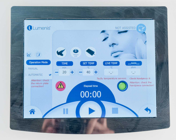Lumenis NuEra Tight – touchscreen treatment screen in Not Assisted mode showing operation mode selector, time/set temp/live temp controls, faulty temperature sensor and handpiece attention alerts
