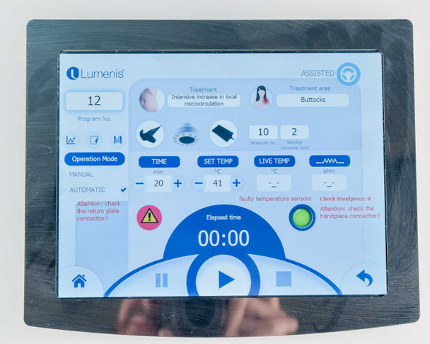 Lumenis NuEra Tight – touchscreen treatment screen in Assisted mode showing Program No. 12, buttocks treatment area, time/set temp controls, and attention alerts