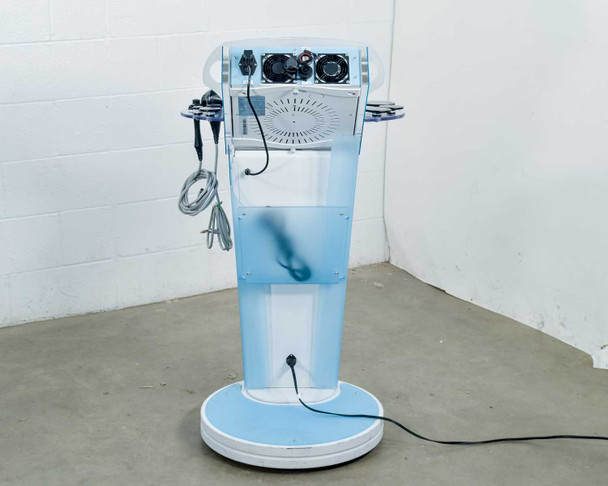 Lumenis NuEra Tight – rear view of full unit showing cooling fan panel, power cable, and handset arm assembly