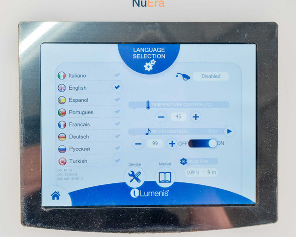 Lumenis NuEra Tight settings screen showing language selection, temperature control at 45, runtime 109h 9m