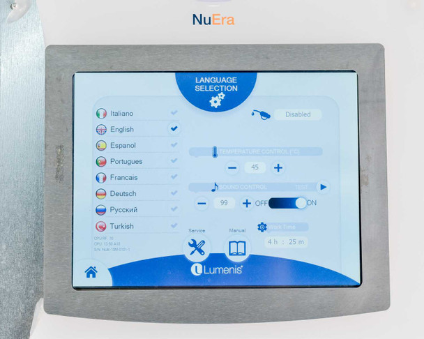 Lumenis NuEra Tight settings screen showing language selection options and 4h 25m logged usage time