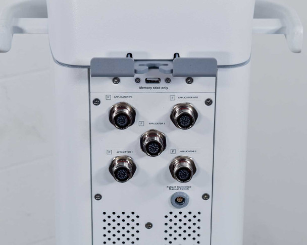 Lumenis Legend Pro rear applicator connection panel showing five multi-pin ports labeled VO, MTO, Applicator 1, 2, 3, USB memory stick port, and Patient-Controlled Manual Switch