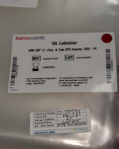 Thermo Scientific 10L Labtainer SH30714.02 label showing REF, LOT EHF455601, expiration JUN/2025, and Celavie release label