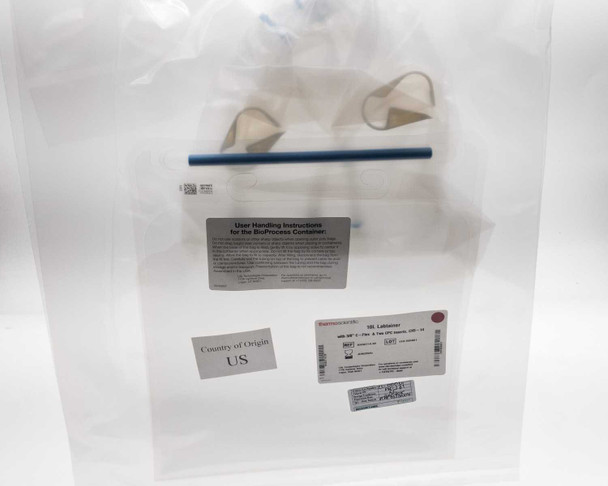 Thermo Scientific SH30714.02 10L Labtainer bioprocess container double-bagged in outer sanitary packaging with user handling instructions and Country of Origin US label