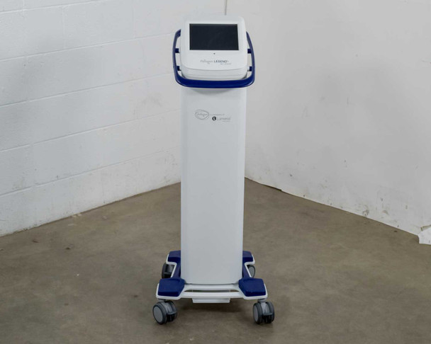Pollogen Legend+ by Lumenis full unit front view on mobile cart with casters – white and blue housing