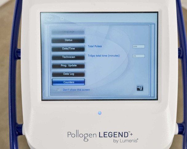 Pollogen Legend+ touch screen displaying Counters menu showing Total Pulses and TriLipo Total Time readouts