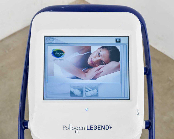 Pollogen Legend+ touch screen display showing startup screen with Pollogen branding — front panel close-up