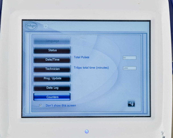 Pollogen Legend+ touch screen showing Counters menu — Total Pulses 43, Trilipo total time 1283 minutes