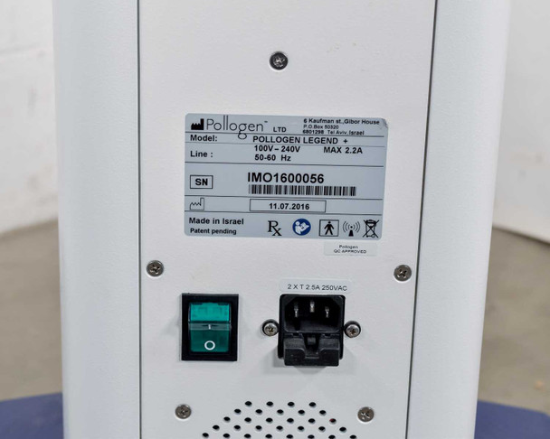 Pollogen Legend+ rear panel showing rating label — 100V-240V 2.2A Max 50-60Hz, SN IMO16000056, mfg 11/07/2016, power switch and IEC inlet