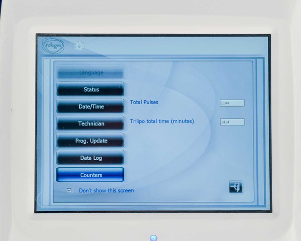 Pollogen Legend+ touchscreen showing Counters menu — Total Pulses 1144, TriLipo Total Time 1414 minutes