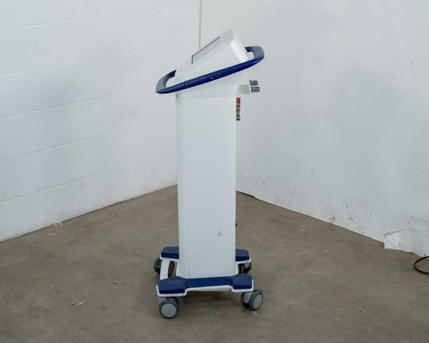 Pollogen Legend+ right side view on mobile cart showing tilted touchscreen head