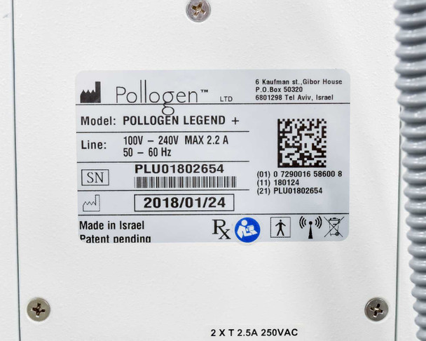 Pollogen Legend+ rear label showing model name, serial number PLU01802654, 100V-240V 2.2A rating, manufacture date 2018/01/24, Made in Israel