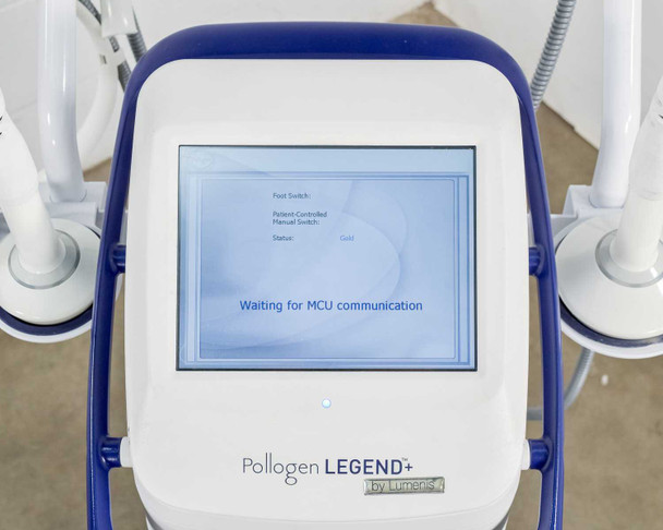 Pollogen Legend+ touch screen displaying 'Waiting for MCU communication' startup message — front panel close-up