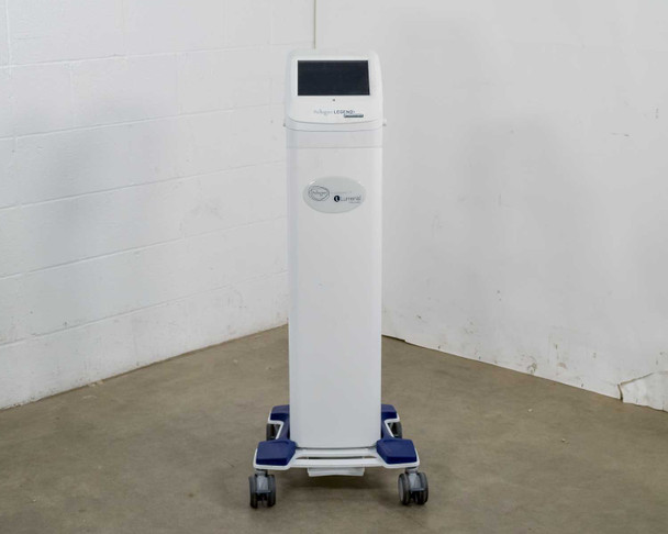 Pollogen Legend+ TriPollar RF System front view showing Pollogen and Lumenis branding labels on white tower cart