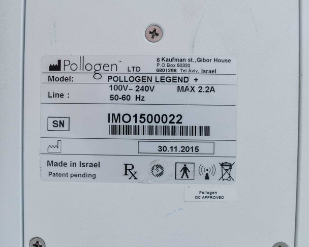 Pollogen Legend+ rating plate showing model, serial number IMO1500022, 100V-240V 2.2A, manufacture date 30.11.2015, Made in Israel