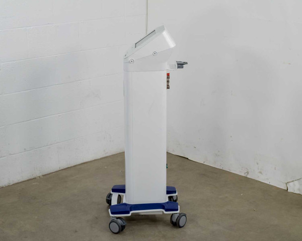 Pollogen Legend+ right side view showing articulating applicator arm bracket mount on white tower